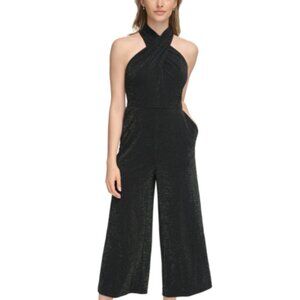 New Calvin Klein Women's Metallic Crepe Crossover Halter Jumpsuit